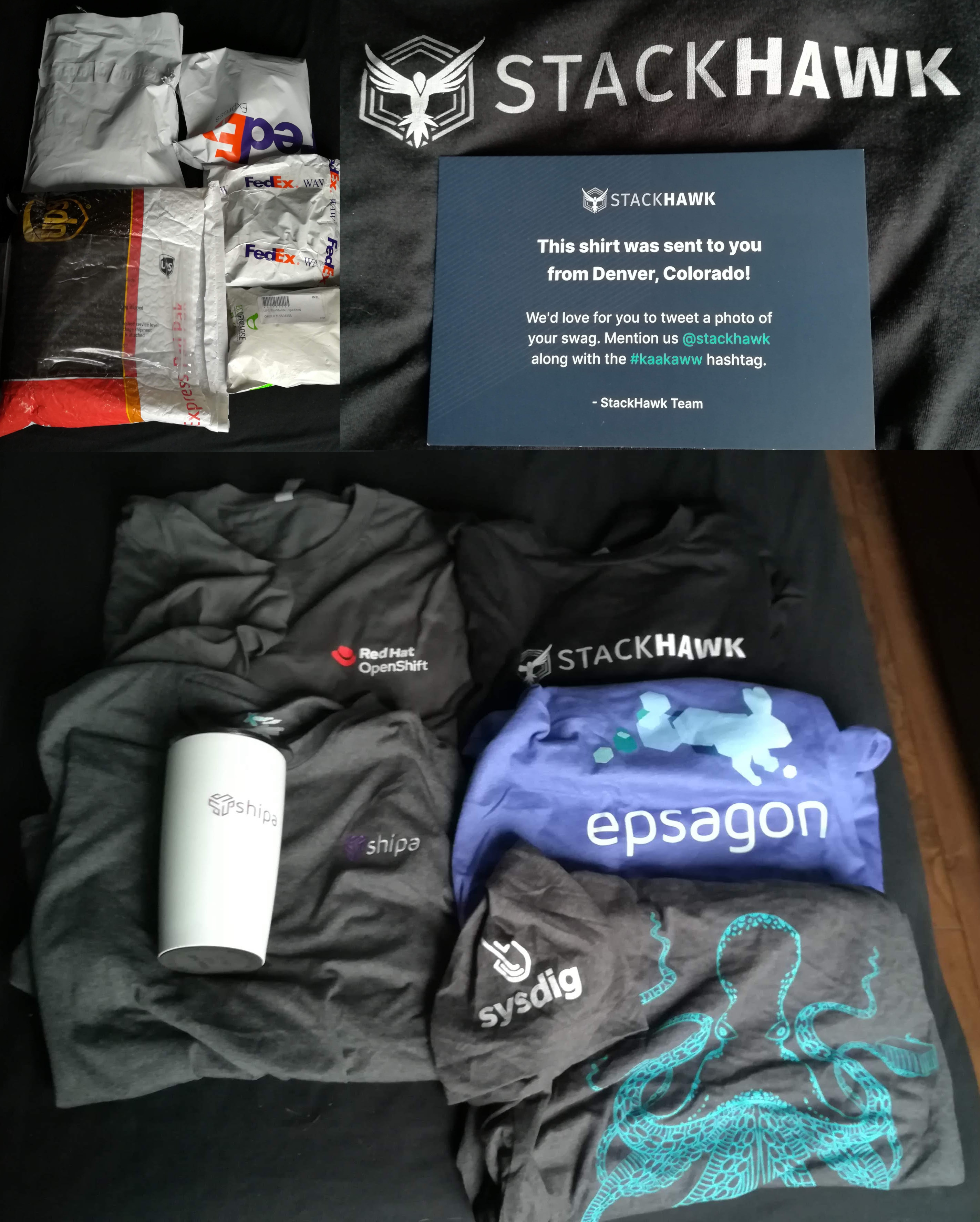 KubeCon NA 2020 swag (t-shirts and a tumbler)